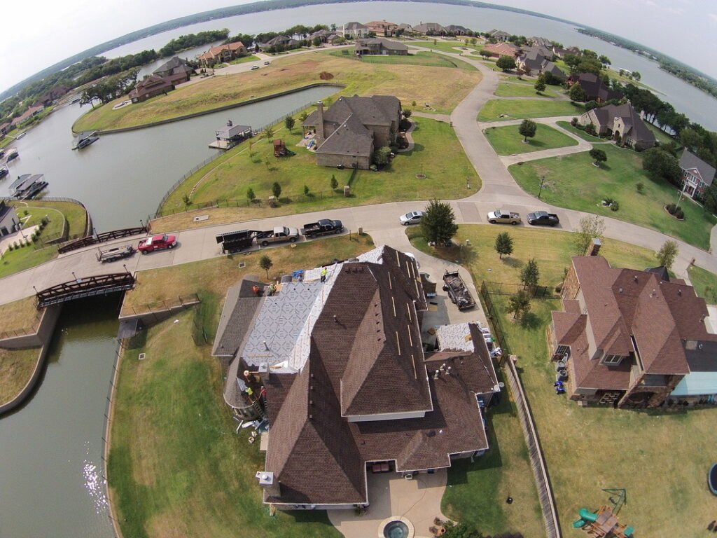 Aerial view of the Golden Hammer award-winning roof replacement in progress, photo 9 of 9