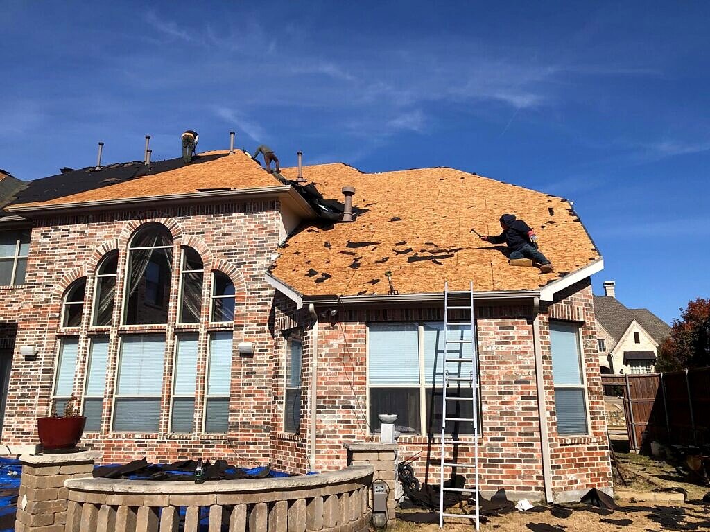 Allen roof replacement — tear-off and exposed deck