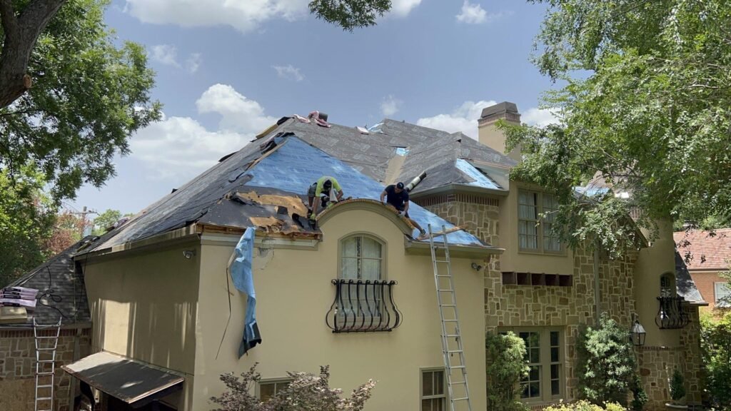 June 2022. Roof work in progress on the steep front slopes.