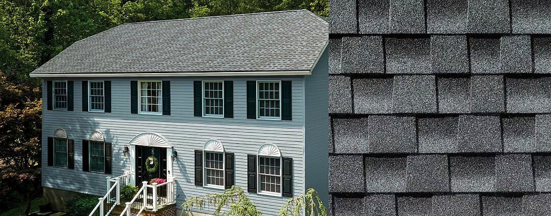 Real GAF Timberline HDZ architectural shingles in Pewter Gray, shown on a roof and in close-up