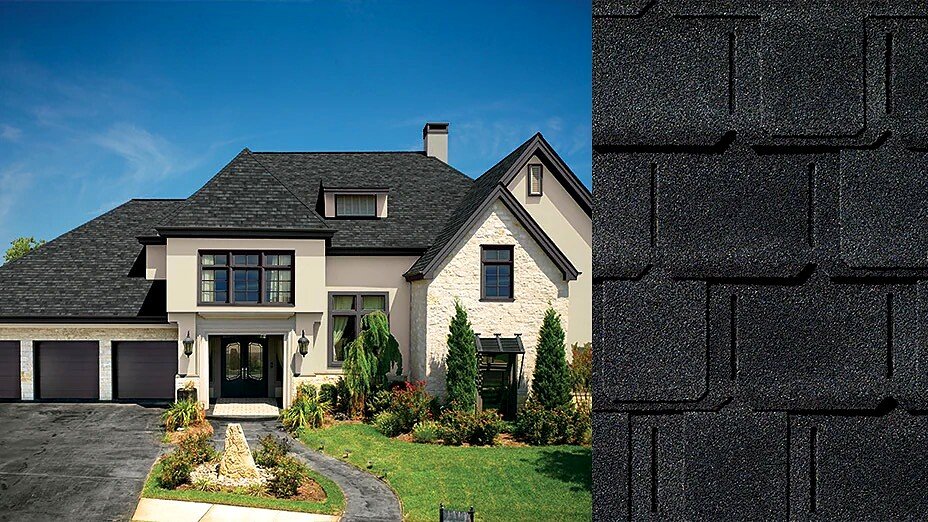 Real GAF Camelot II designer shingles in Charcoal, shown on a roof and in close-up