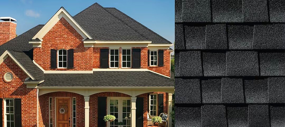 Real GAF Timberline AS II impact-resistant shingles in Charcoal, shown on a roof and in close-up
