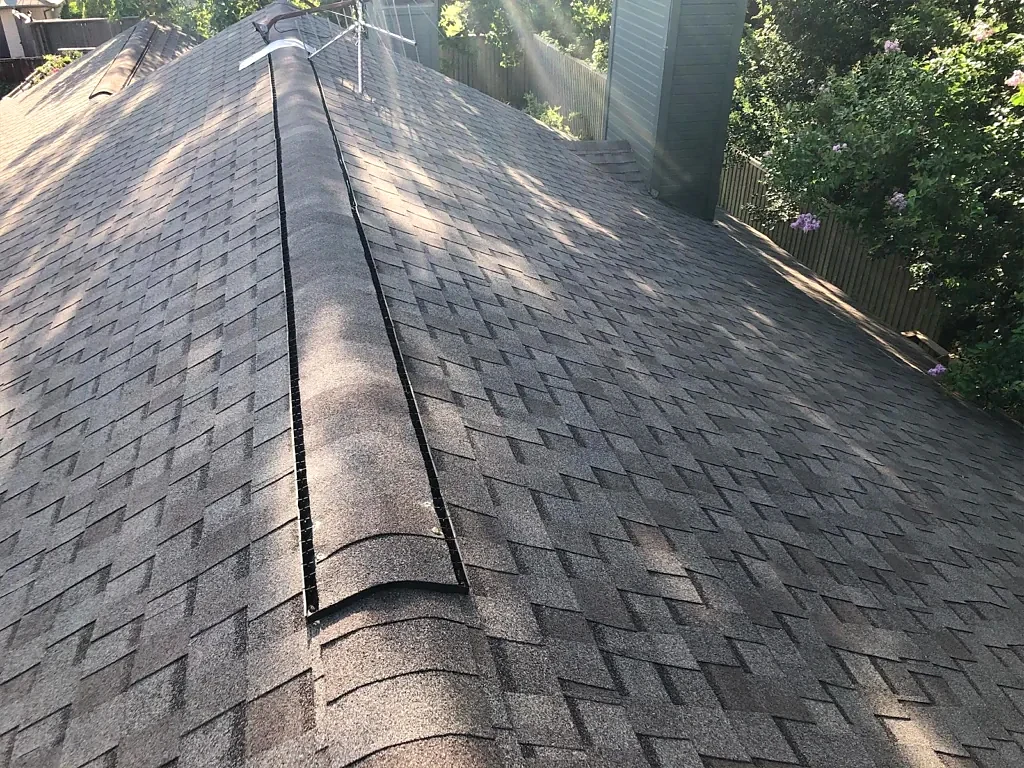 Existing ridge and roof slopes before replacement.