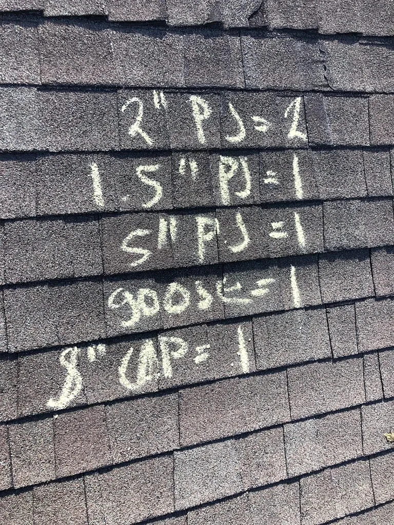 Roof-component notes on the existing shingles.
