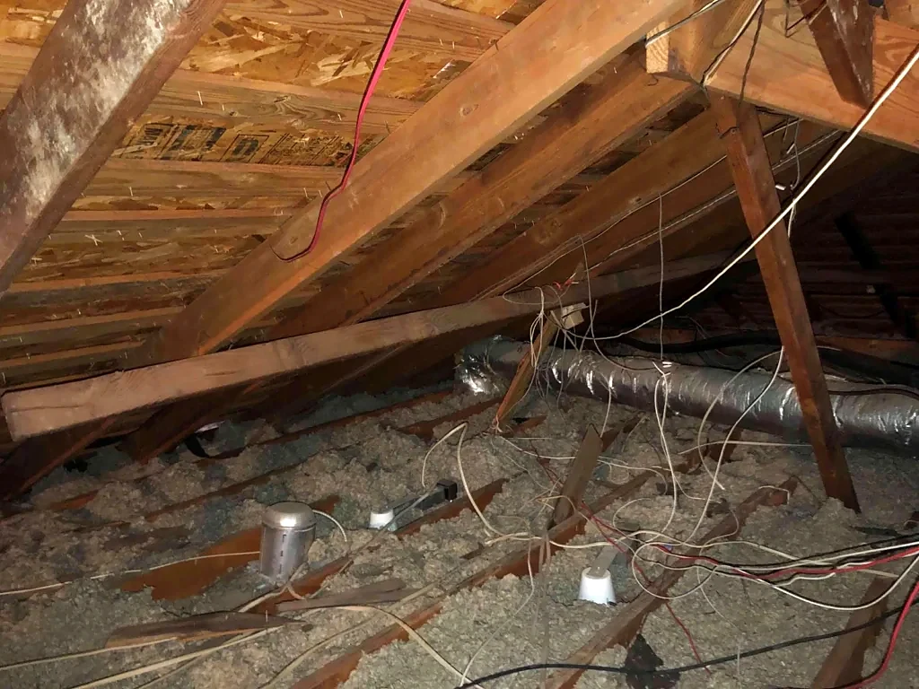 Roof framing viewed from inside the attic.