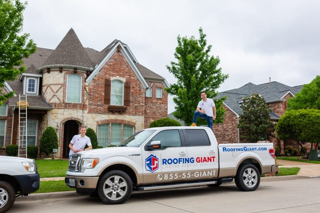 Roofing Giant crew arriving at a residential roofing job site