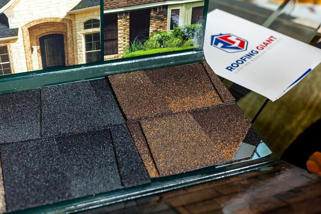 Architectural shingle color sample board used in a Roofing Giant consultation
