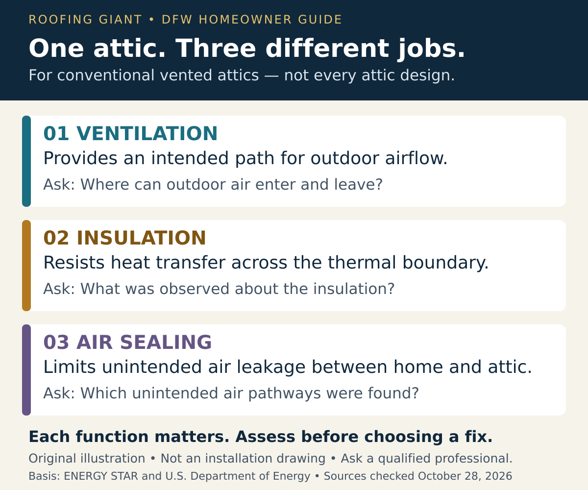 Original educational illustration: ventilation provides outdoor airflow; insulation resists heat transfer; air sealing limits unintended air leakage between home and attic. For conventional vented attics only.
